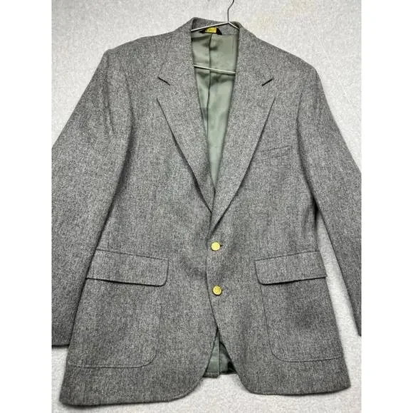 Vintage American Trend Tweed Sports Blazer Mens 42R Gray Preppy Gold Buttons